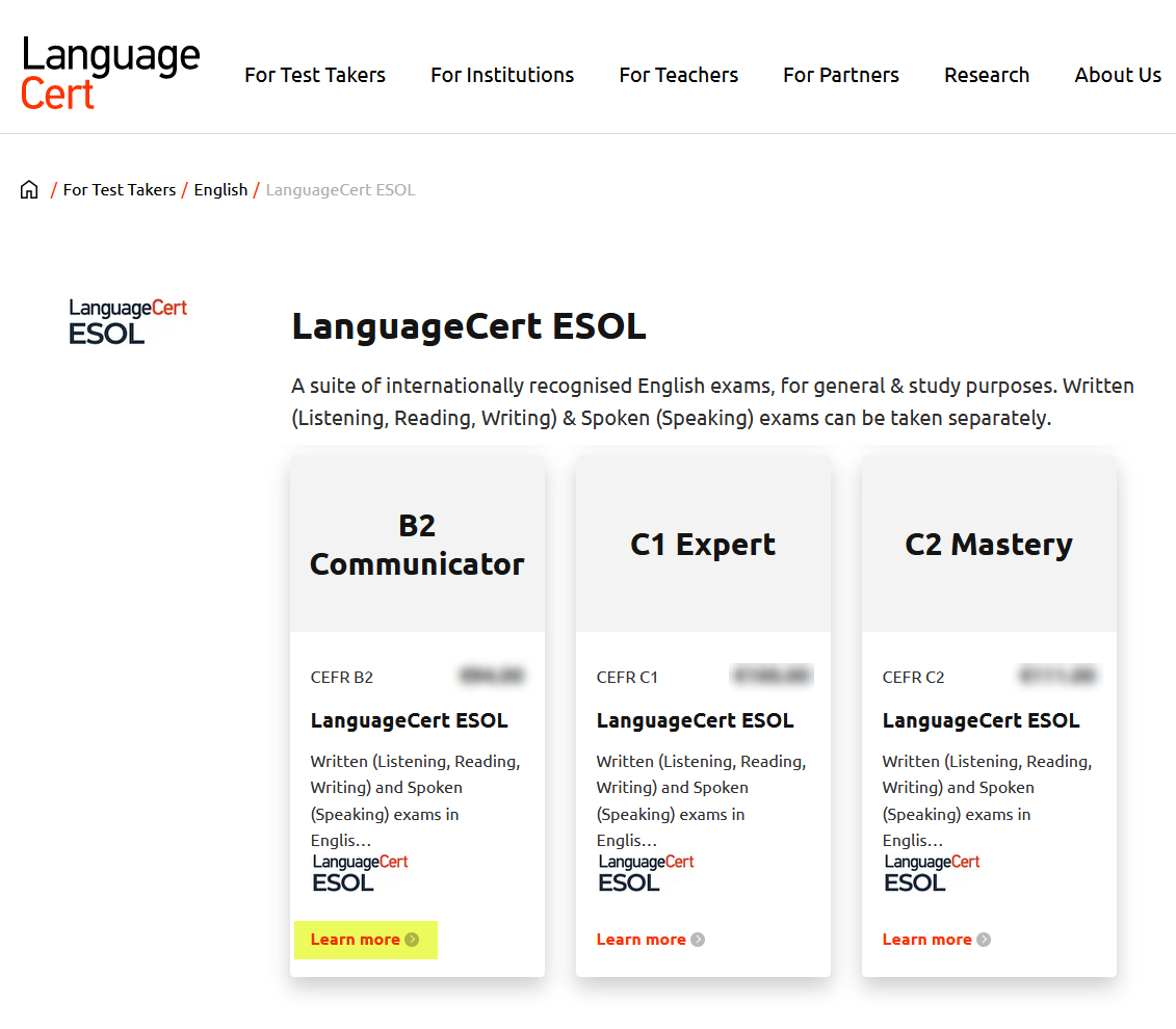 Poziom ESOL, na przykład B2 Communicator i kliknij ‘Learn more’