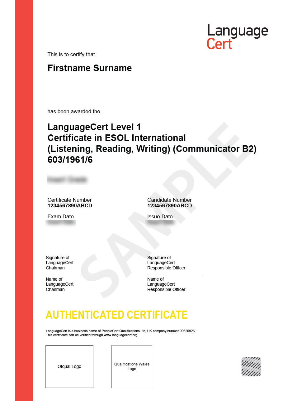 Przykładowy Certyfikat LanguageCert International ESOL B2 Communicator LRW