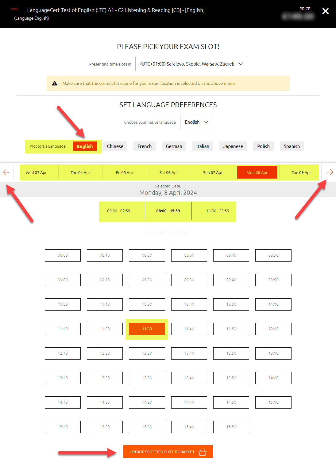 LTE date time selection