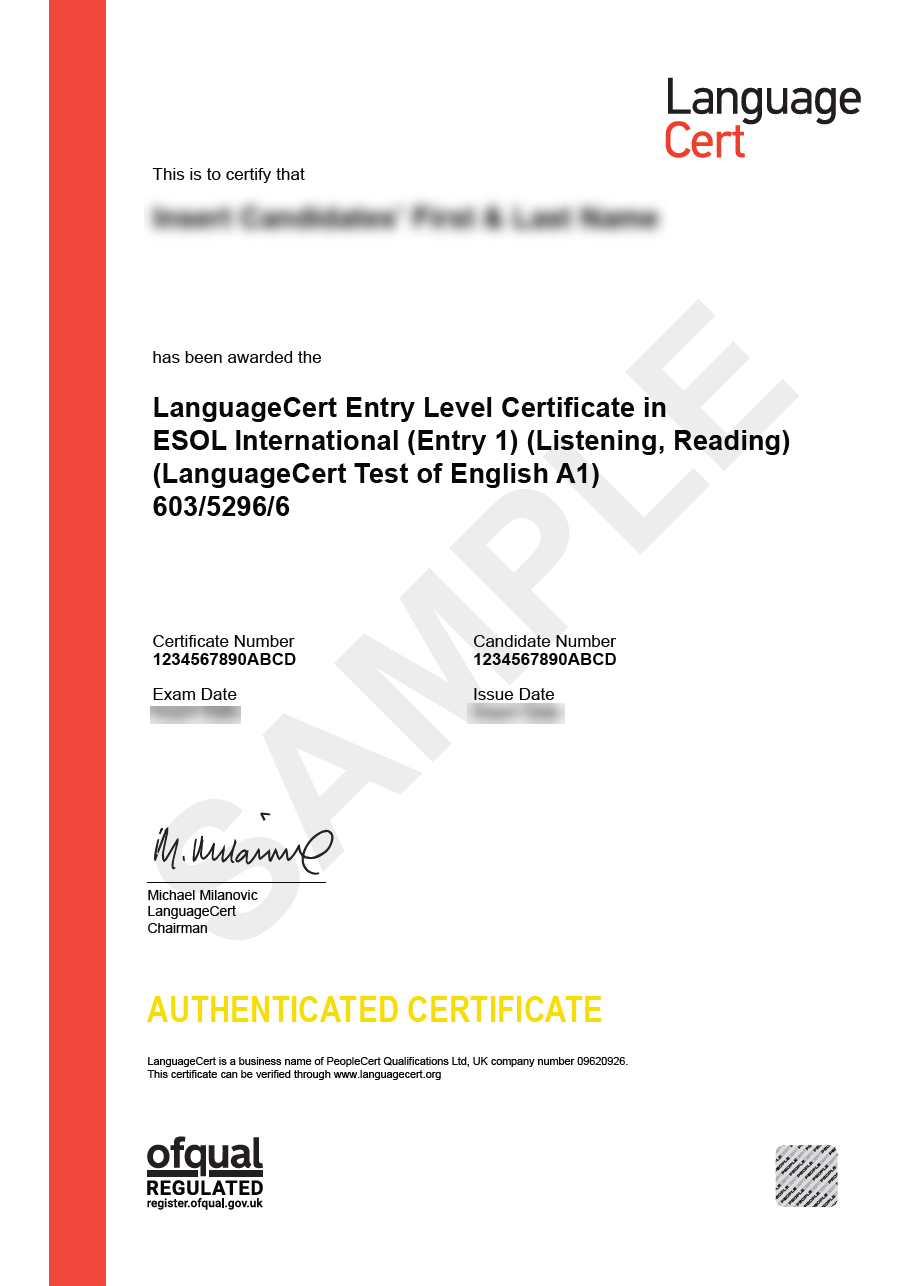 Przykładowy Certyfikat LanguageCert LTE LR Cert