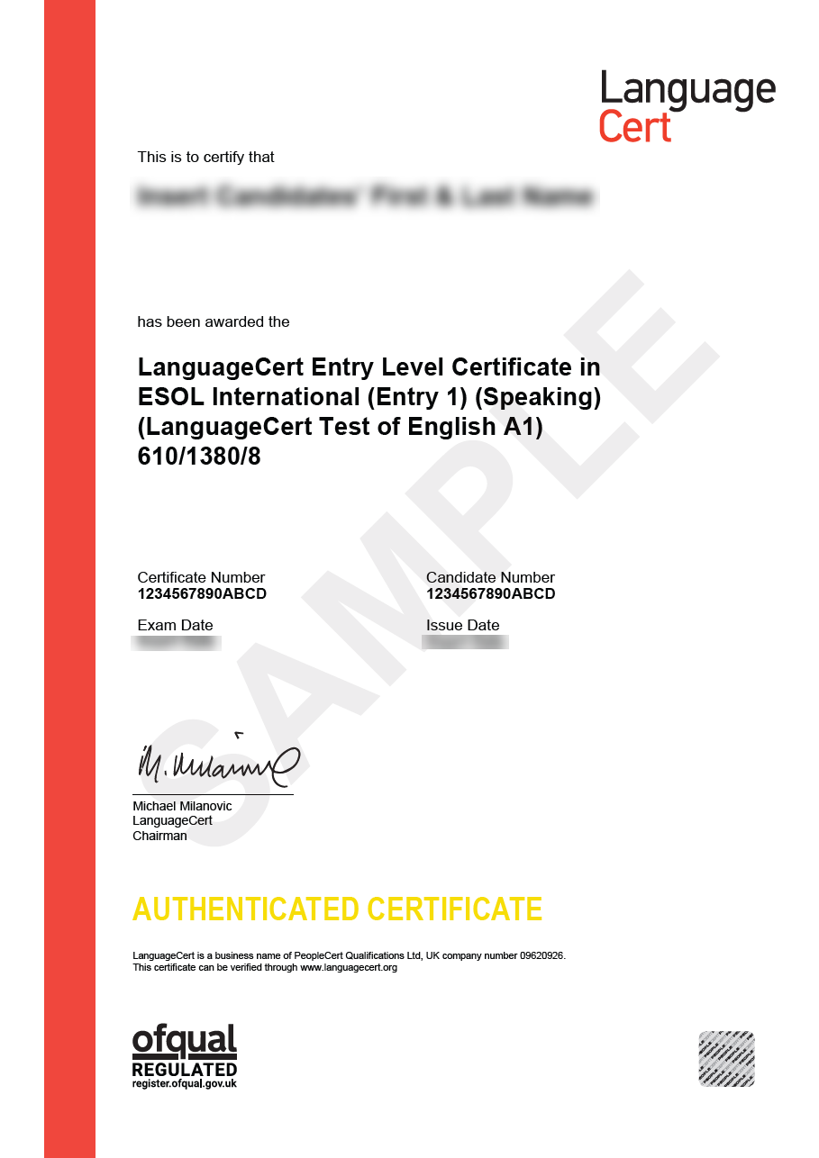 Przykładowy Certyfikat LanguageCert LTE Speaking Cert