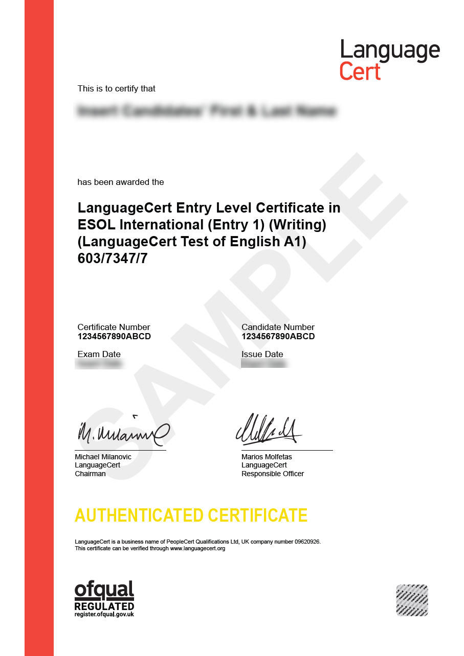 Przykładowy Certyfikat LanguageCert LTE Writing Cert